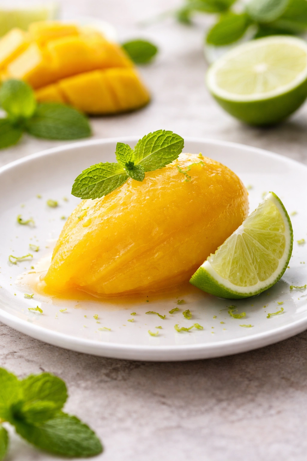 Bright mango sorbet with lime and mint on a plate