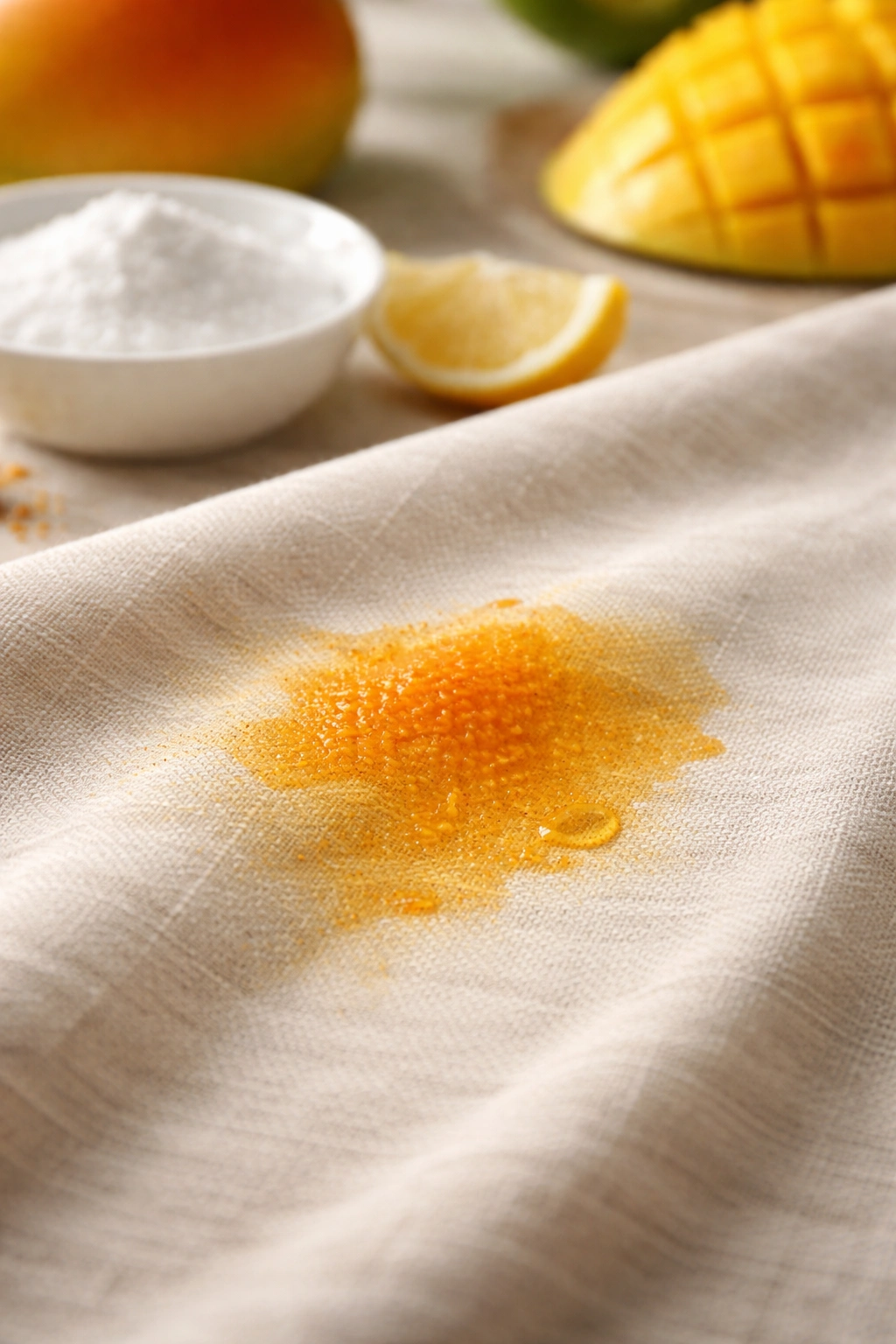 Fabric with bright orange mango stain close-up