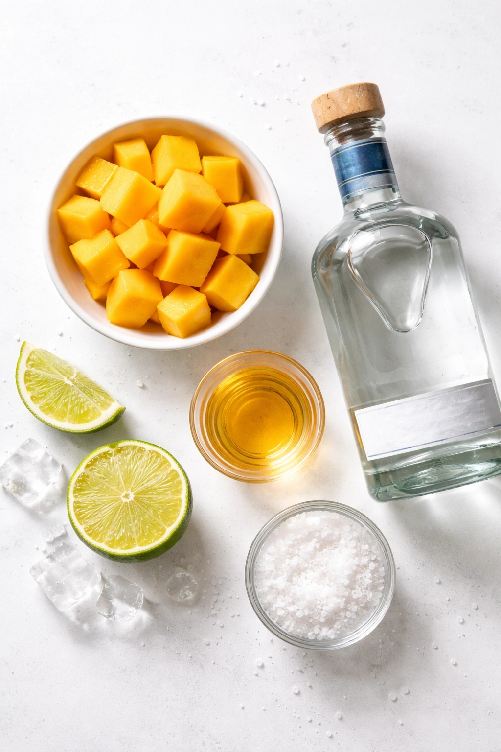 Bowl of mango chunks with tequila bottle and lime halves on a clean surface