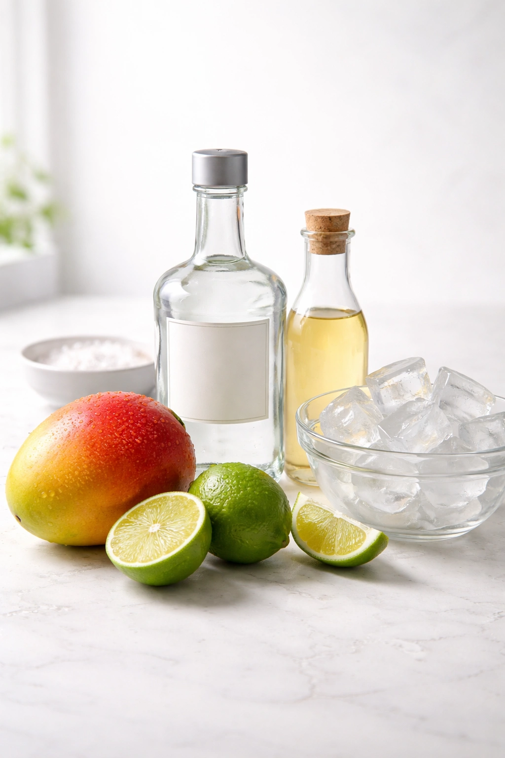 Still-life of mango, tequila, lime, syrup, and ice for frozen margarita