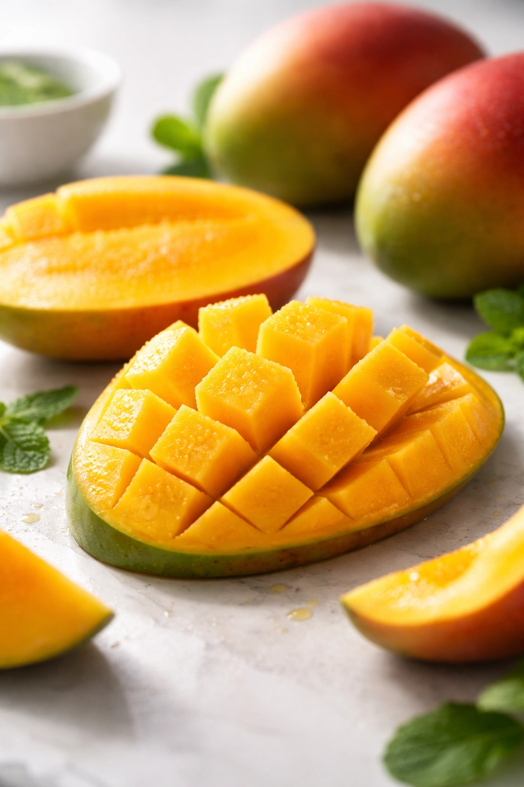 Ripe mango halves showing bright flesh on light background
