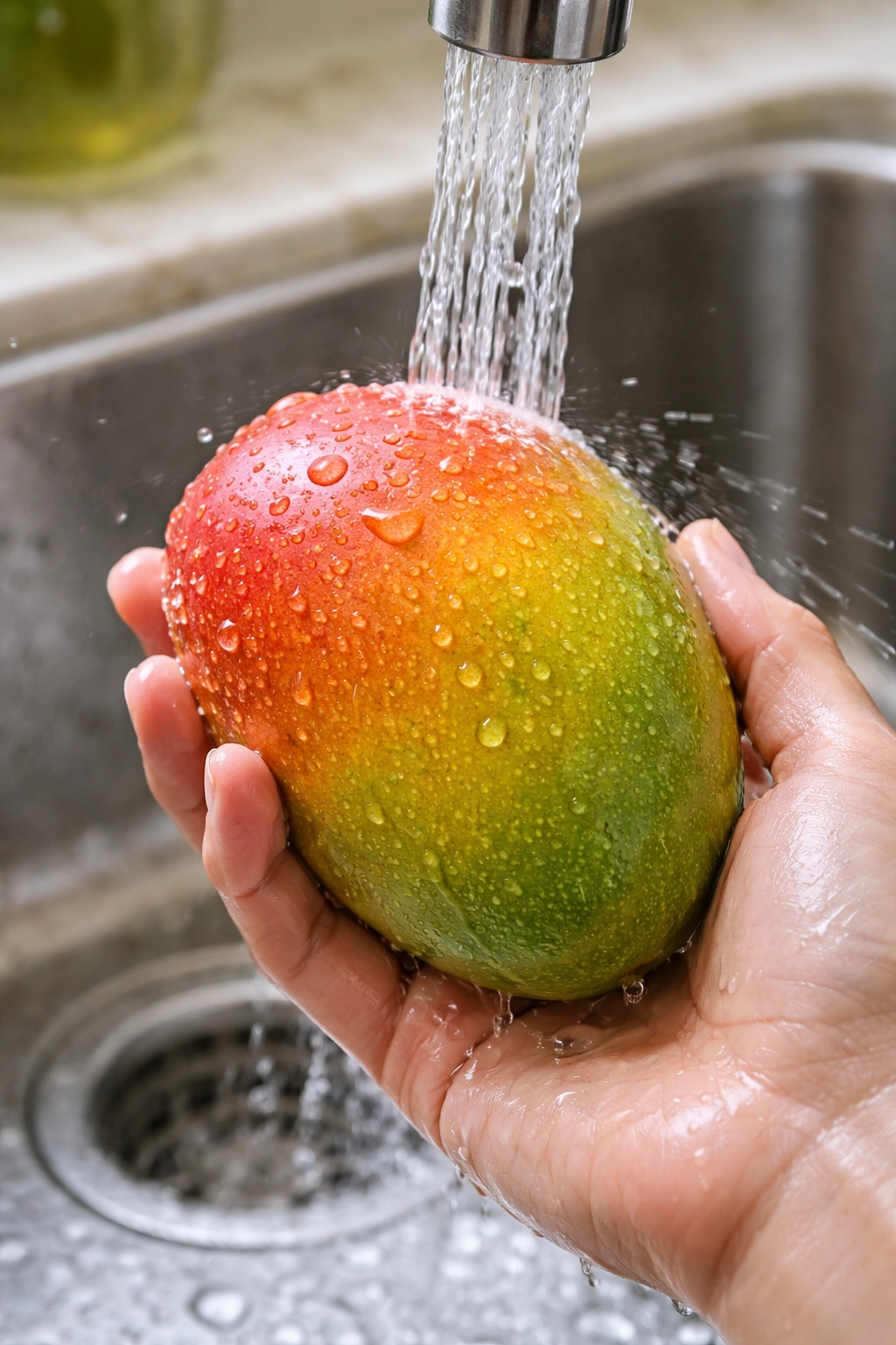 Mango being washed under cold water in a kitchen sink