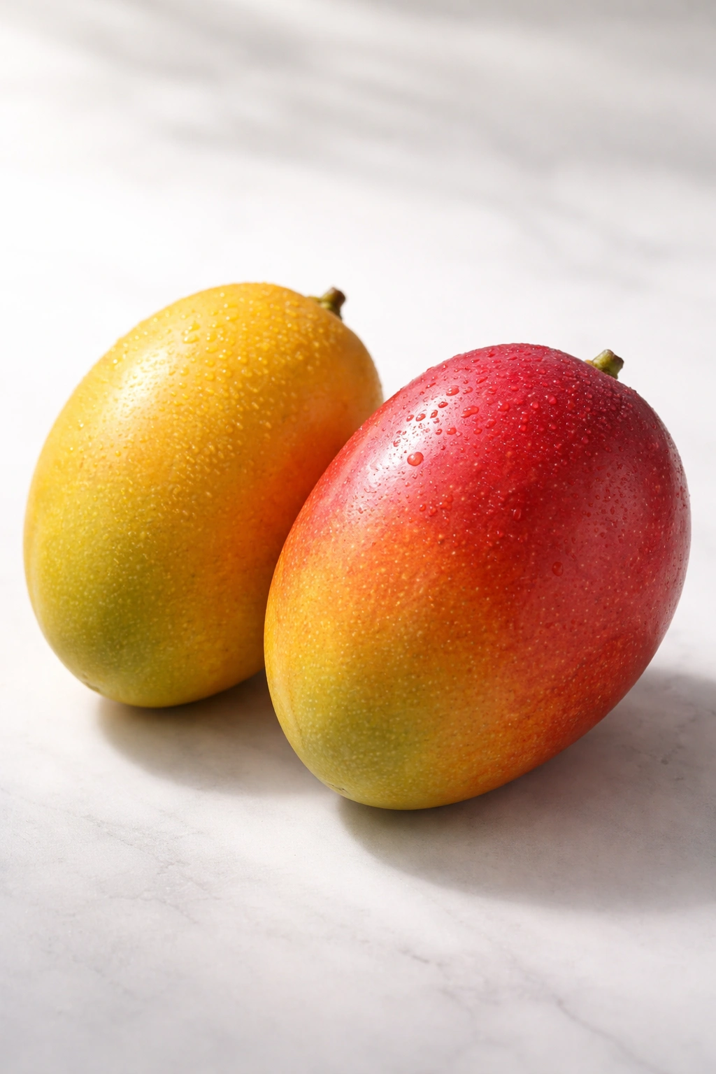 Pair of yellow and red mangoes on a plain surface illustrating conclusion