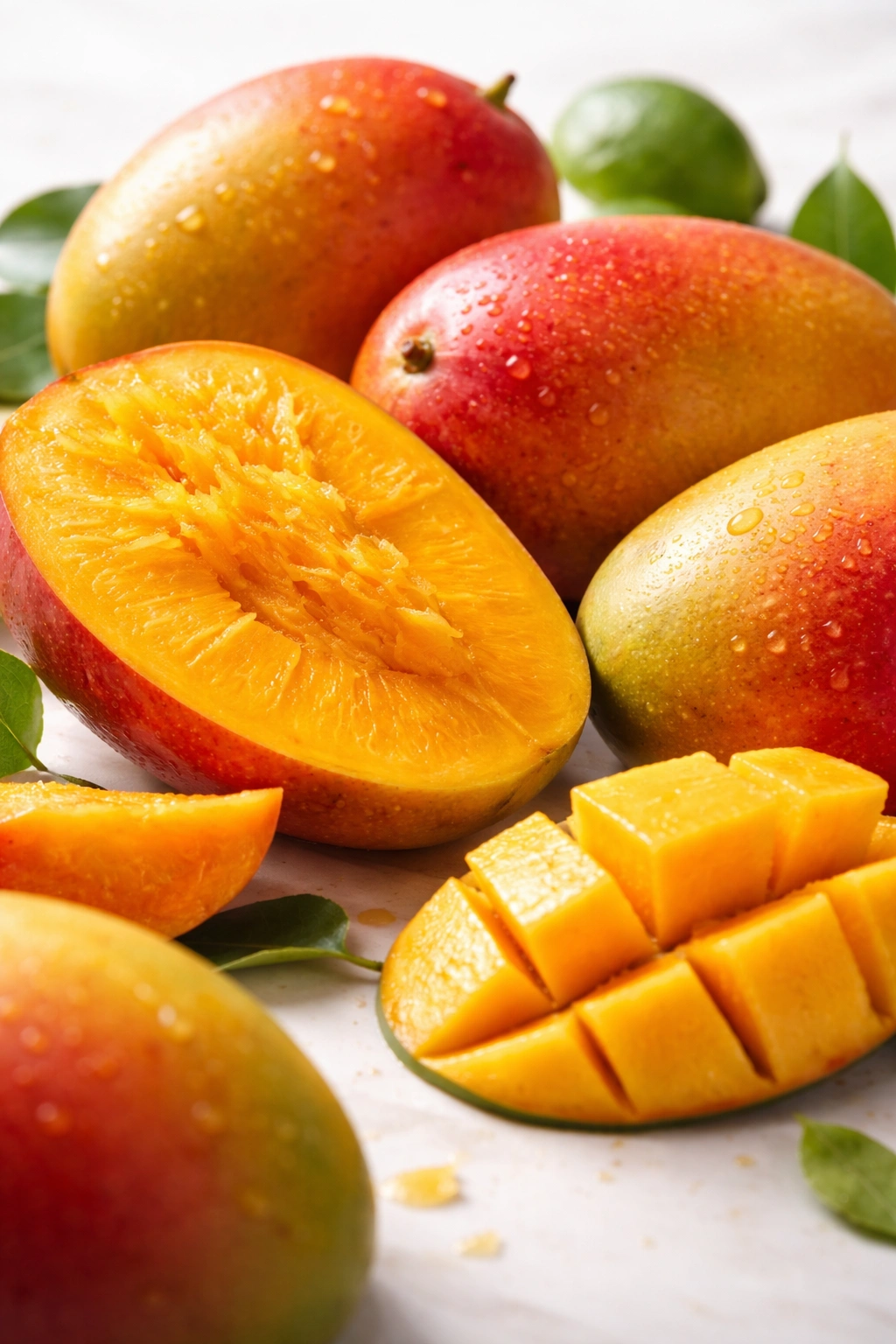 Close-up of ripe mangoes showing fibrous flesh on white background