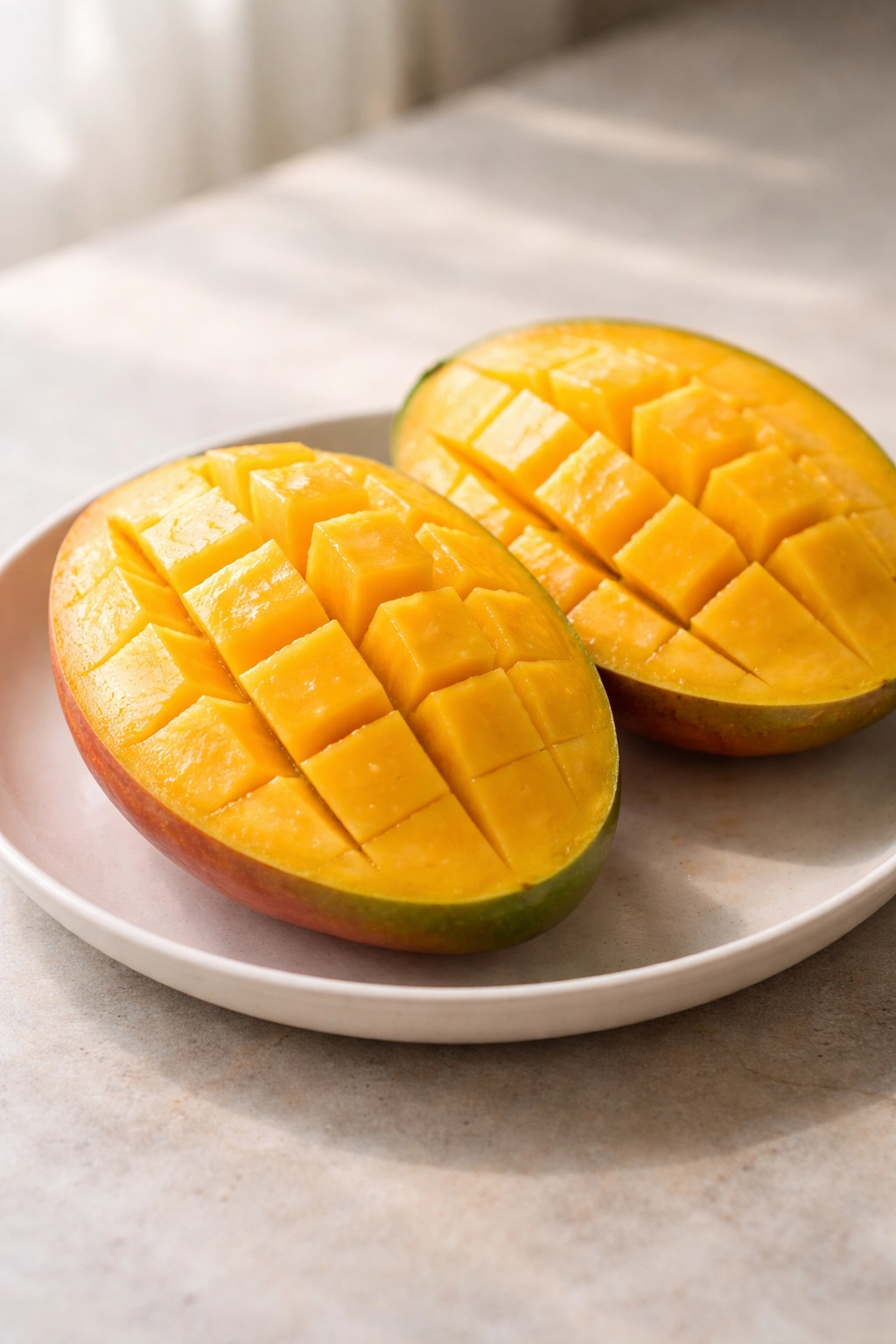 Two ripe mango halves on a plain plate