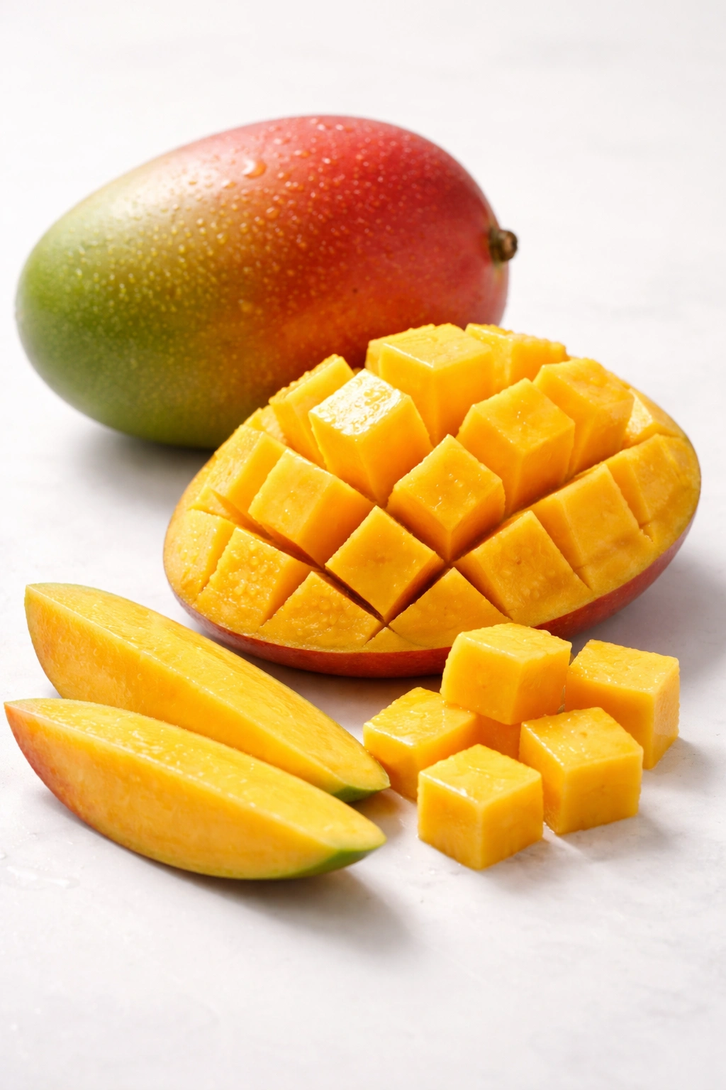 Sliced ripe mango showing bright orange interior on white surface