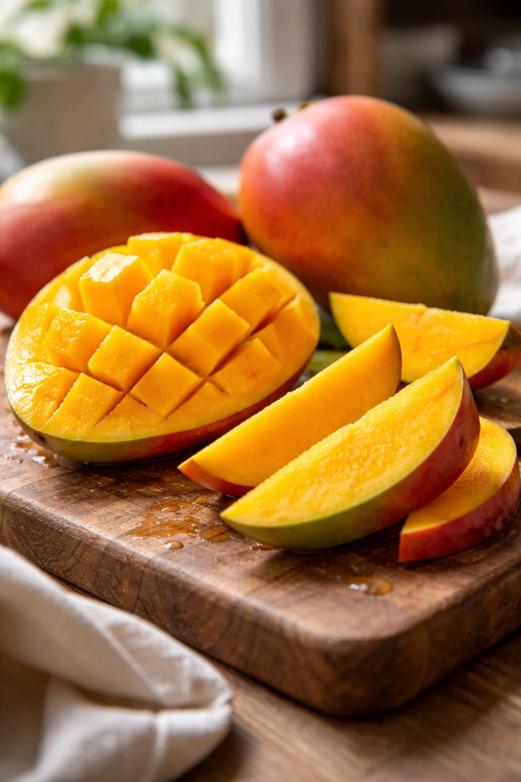Close-up of ripe mango halves with orange flesh on a wooden cutting board
