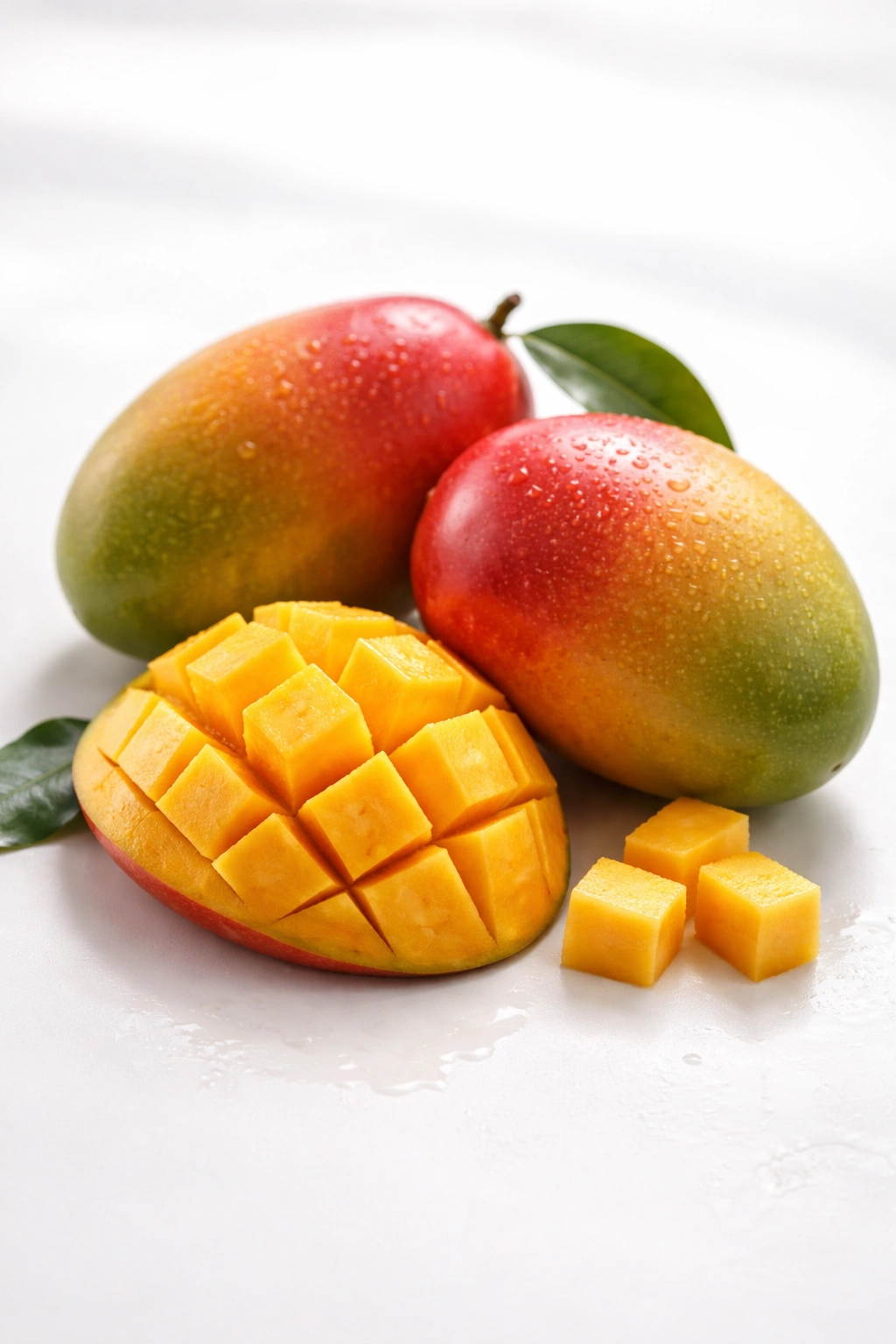 Three ripe mangoes with a sliced piece on white background