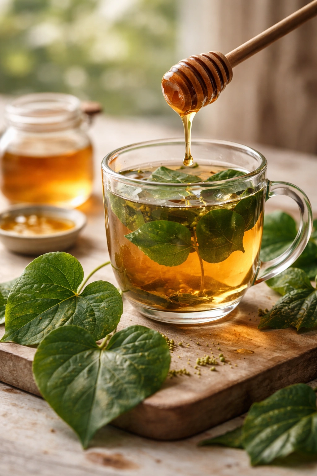 Tea with honey and kawakawa leaves to symbolize health benefits