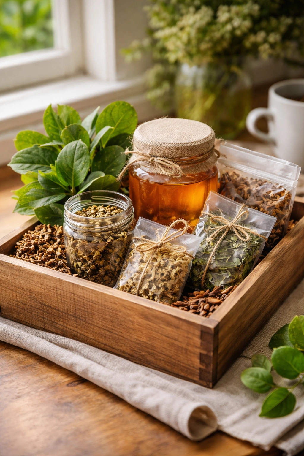 Manuka honey, kawakawa leaves, and dried botanicals arranged in crate