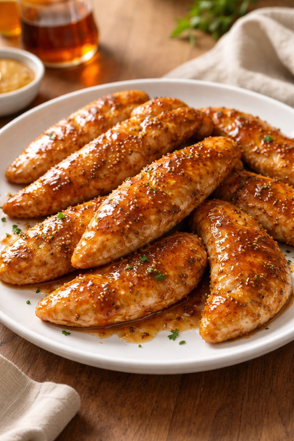 Glazed maple Dijon chicken tenders on a white plate