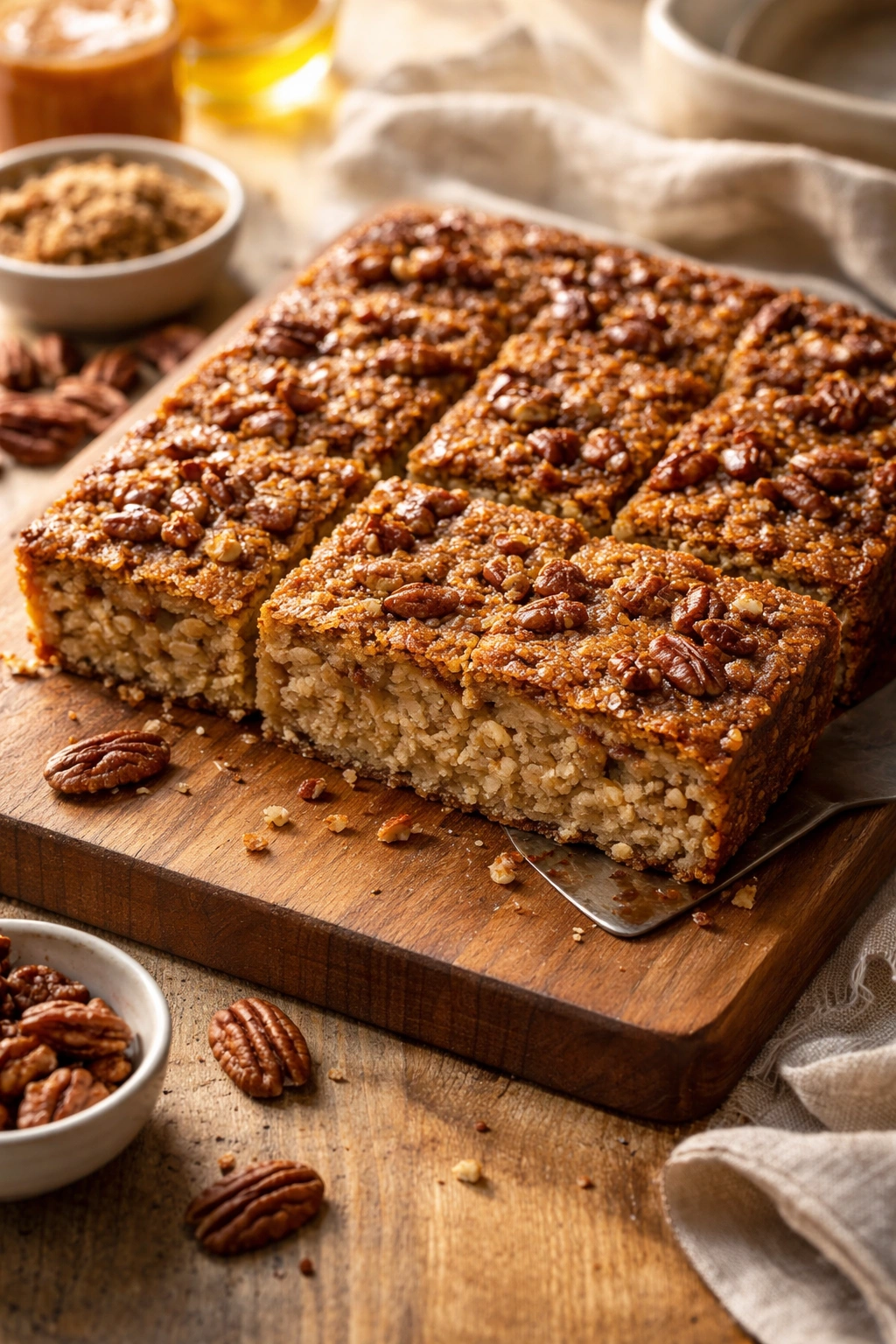 Close-up of maple pecan baked oatmeal slice with brown sugar topping on wooden board
