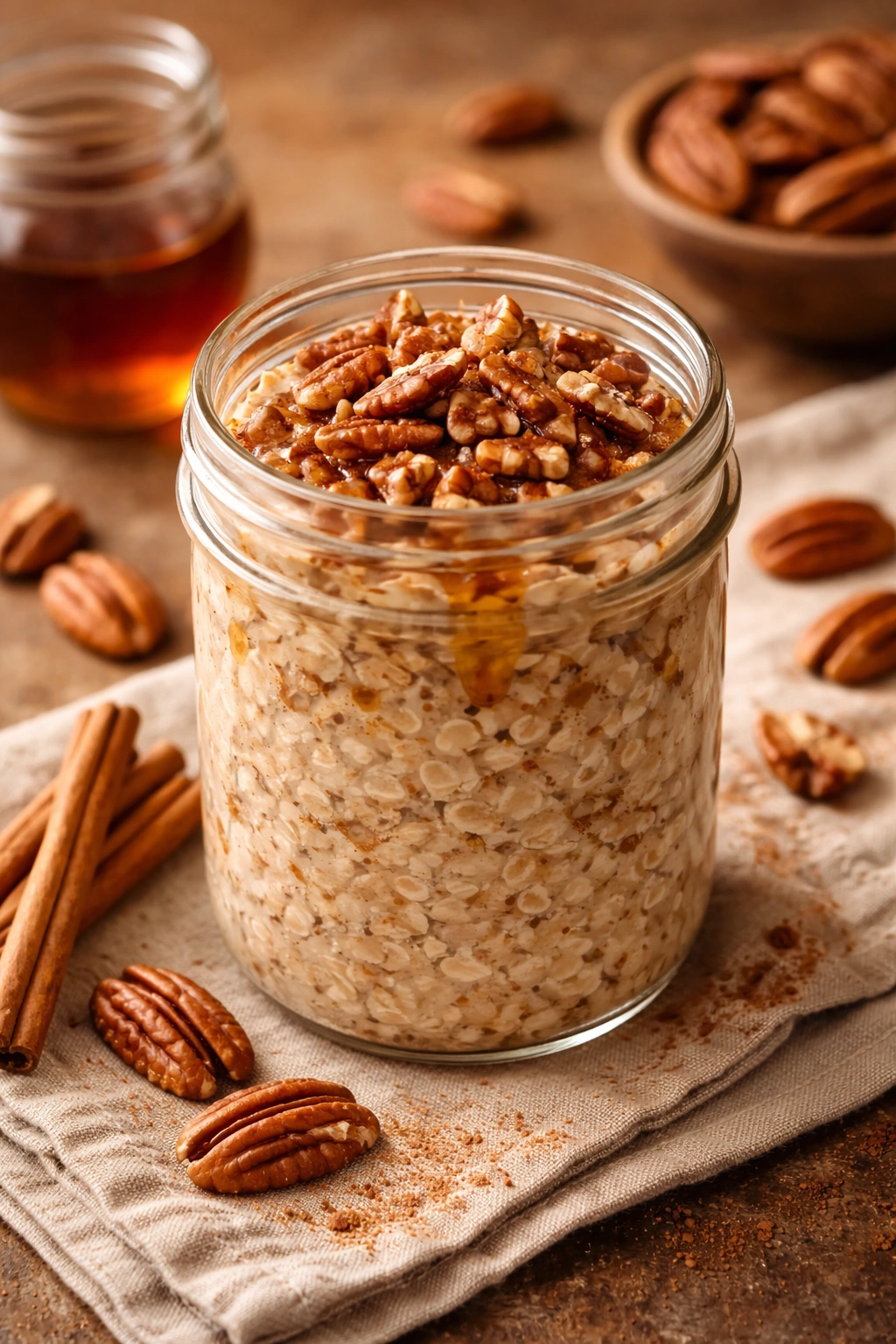Maple pecan cinnamon overnight oats with pecans on top in a jar