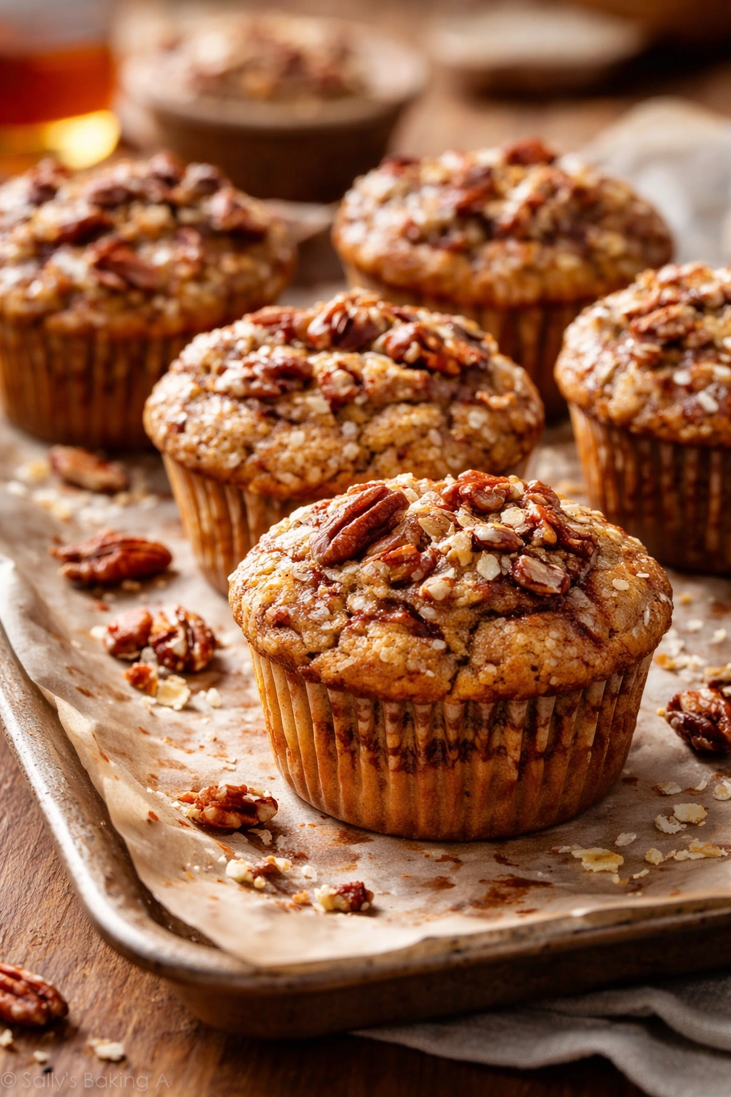 Close-up of maple pecan oat muffins with cinnamon swirl on parchment