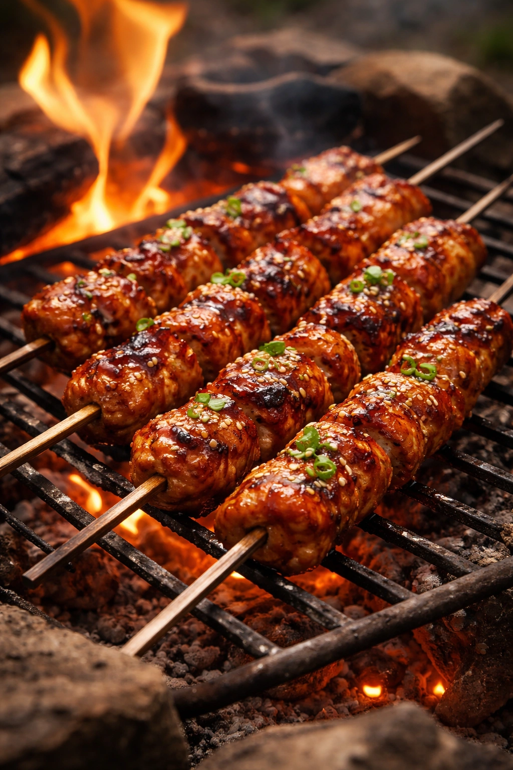 Skewered chicken with maple-sriracha glaze over campfire