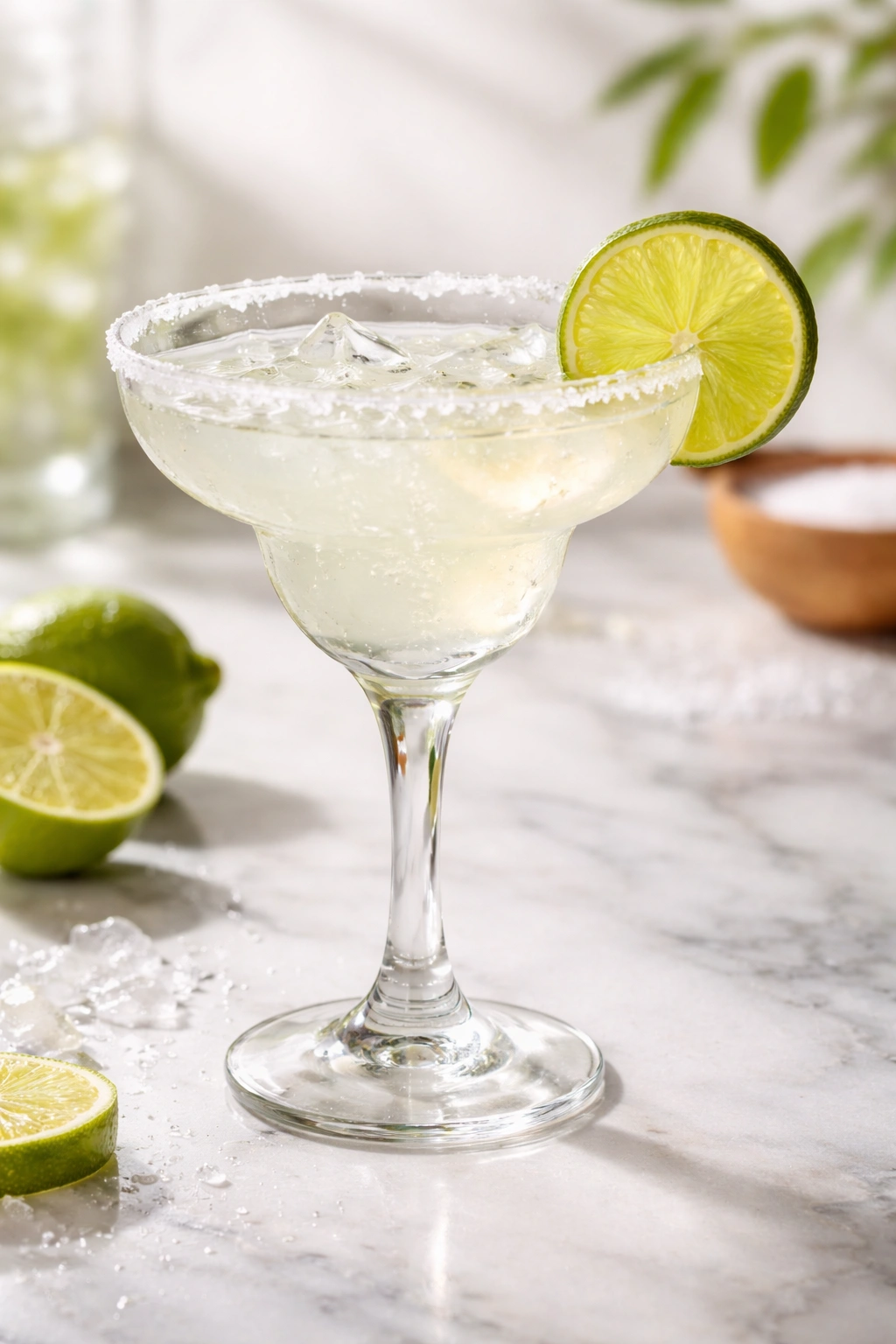 Close-up of a Margarita with salted rim and lime wheel on marble surface