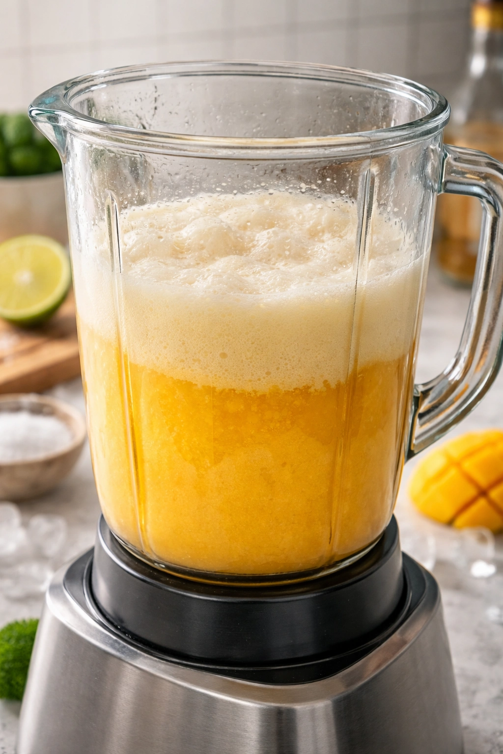 A blender with a separated margarita texture showing top and bottom layers