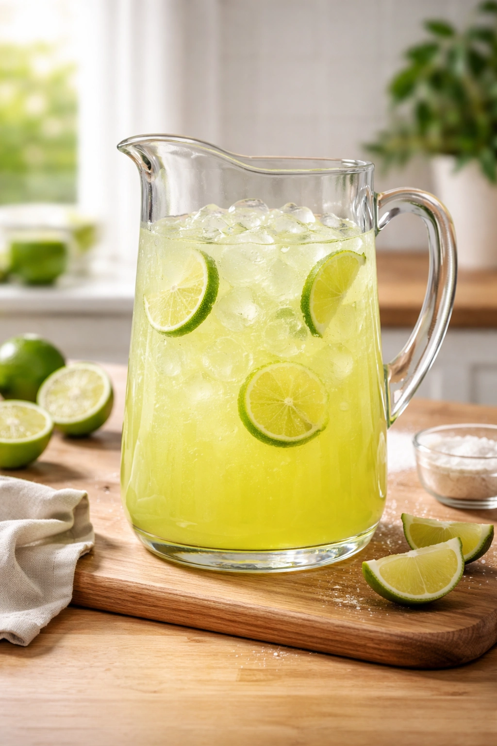 Pitcher of margarita mix with ice on a wooden surface