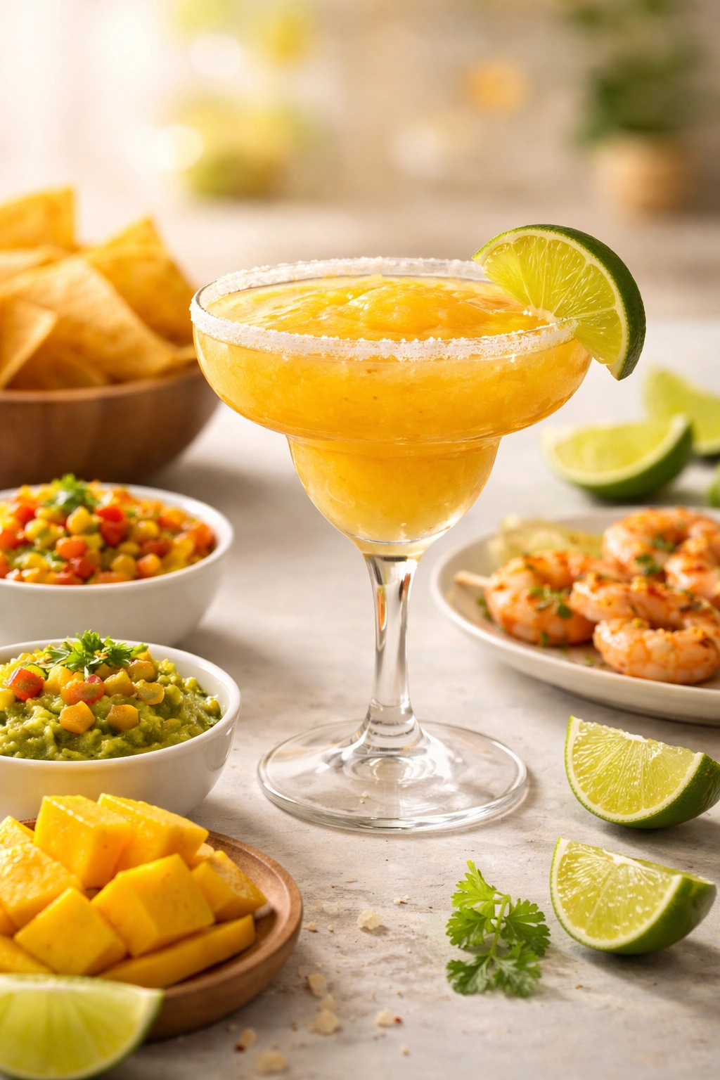 Margarita glass with salt rim and lime wedge on a clean surface