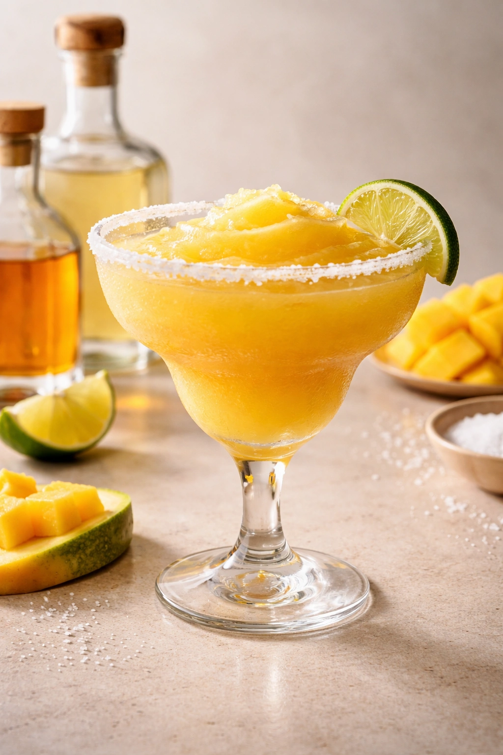 Glass of mango margarita with balanced color and salted rim