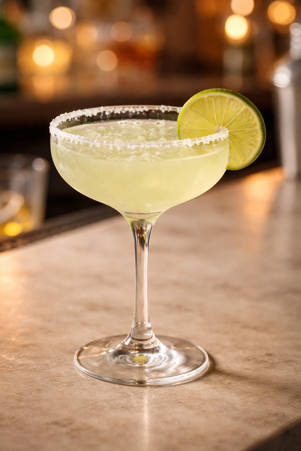 Close-up of margarita in salted coupe glass with lime wheel