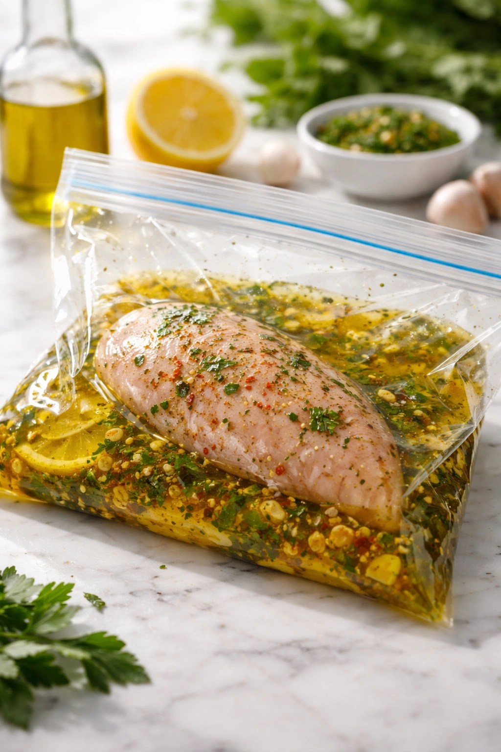 Chicken breast marinating inside a clear bag