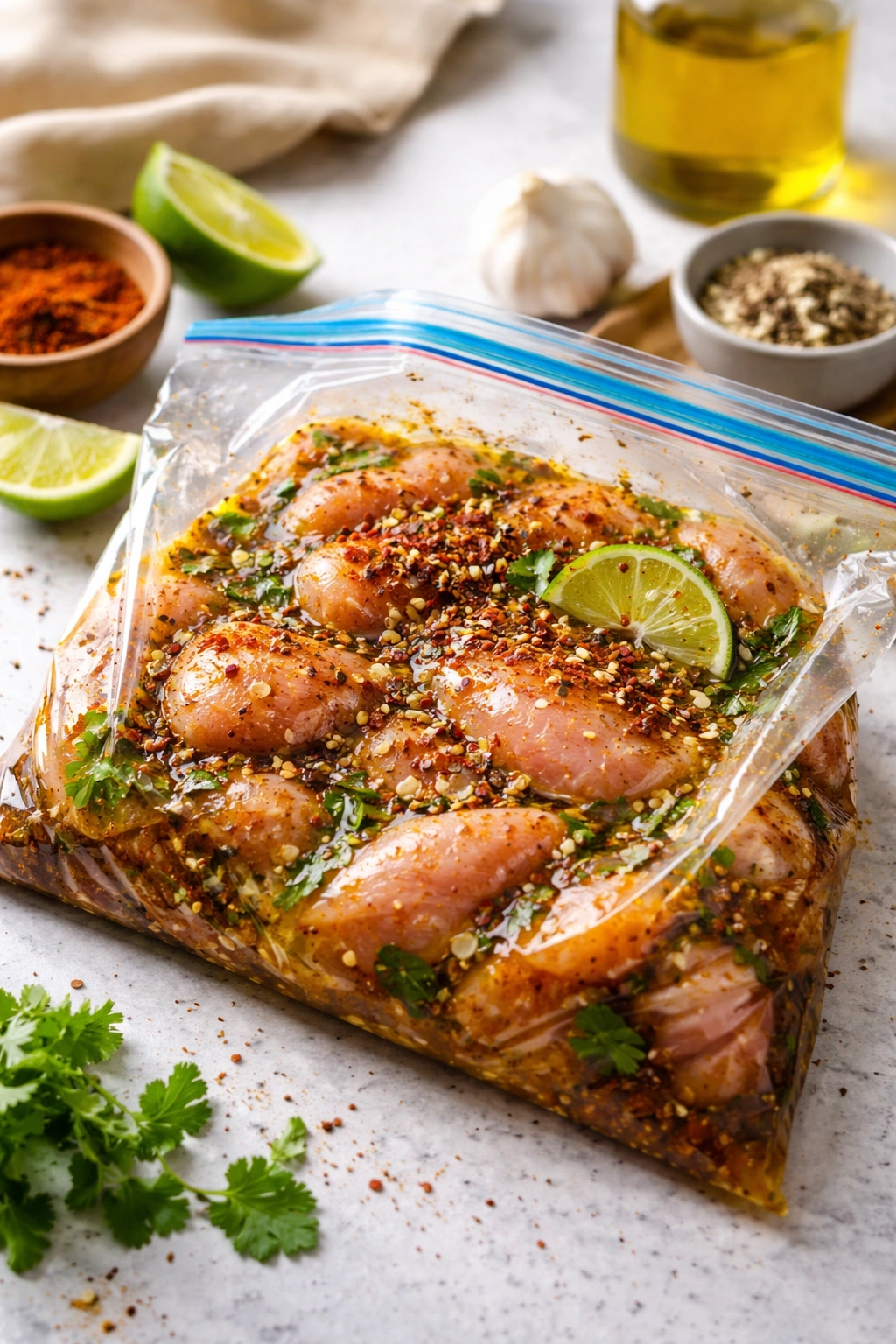 Chicken pieces marinating in a resealable bag on counter