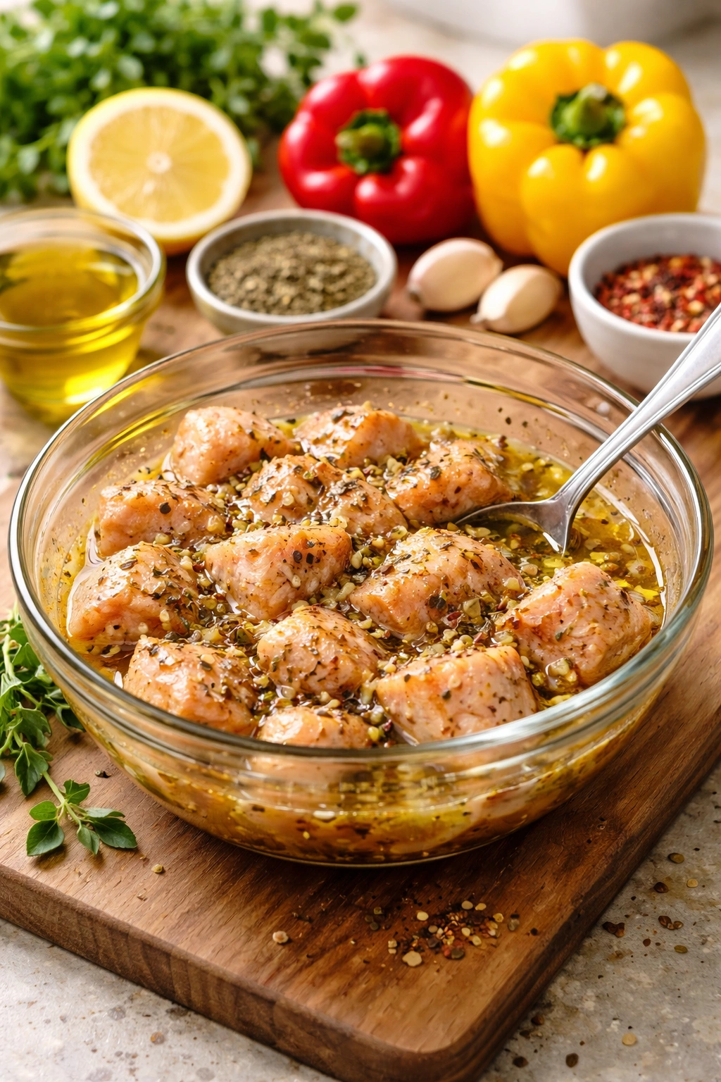 Marinating chicken pieces in olive oil lemon garlic marinade on a wooden board