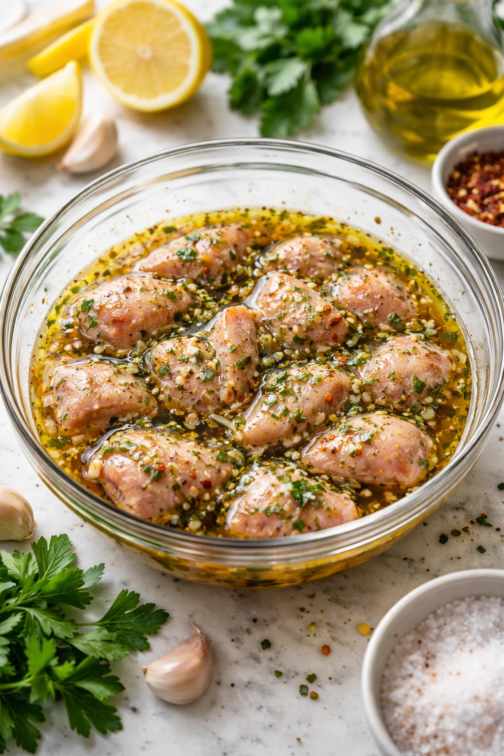 Glass bowl with glossy marinade coating chicken pieces