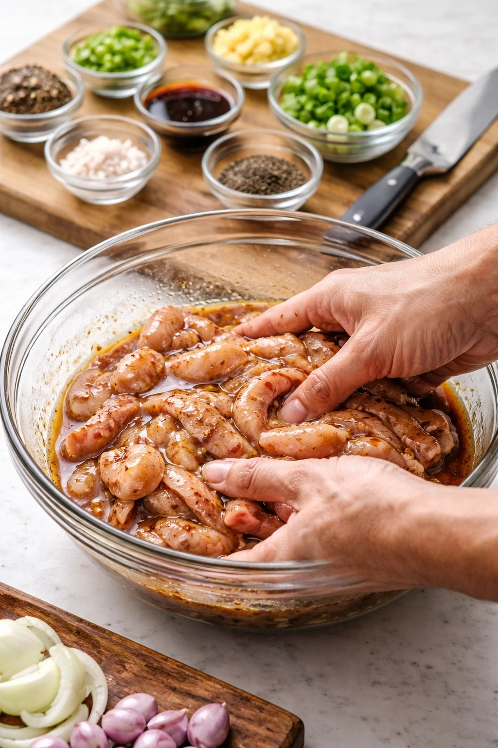 Hands massaging marinade into chicken pieces in a bowl