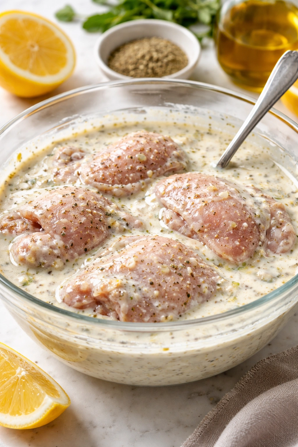 Close-up of yogurt-lemon marinade with garlic and oregano for marinating chicken