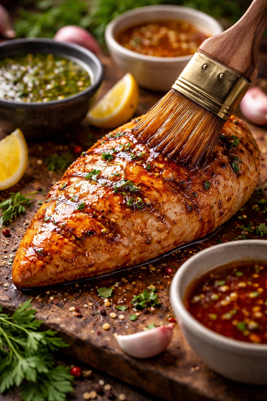Chicken breast with glossy marinade glaze under warm light