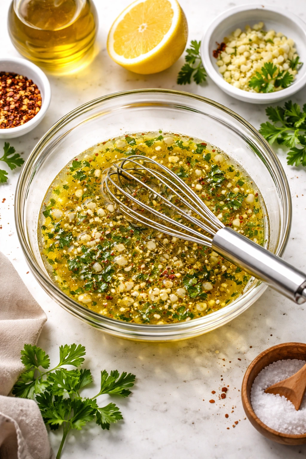 Glass bowl with lemon garlic olive oil marinade on a clean counter