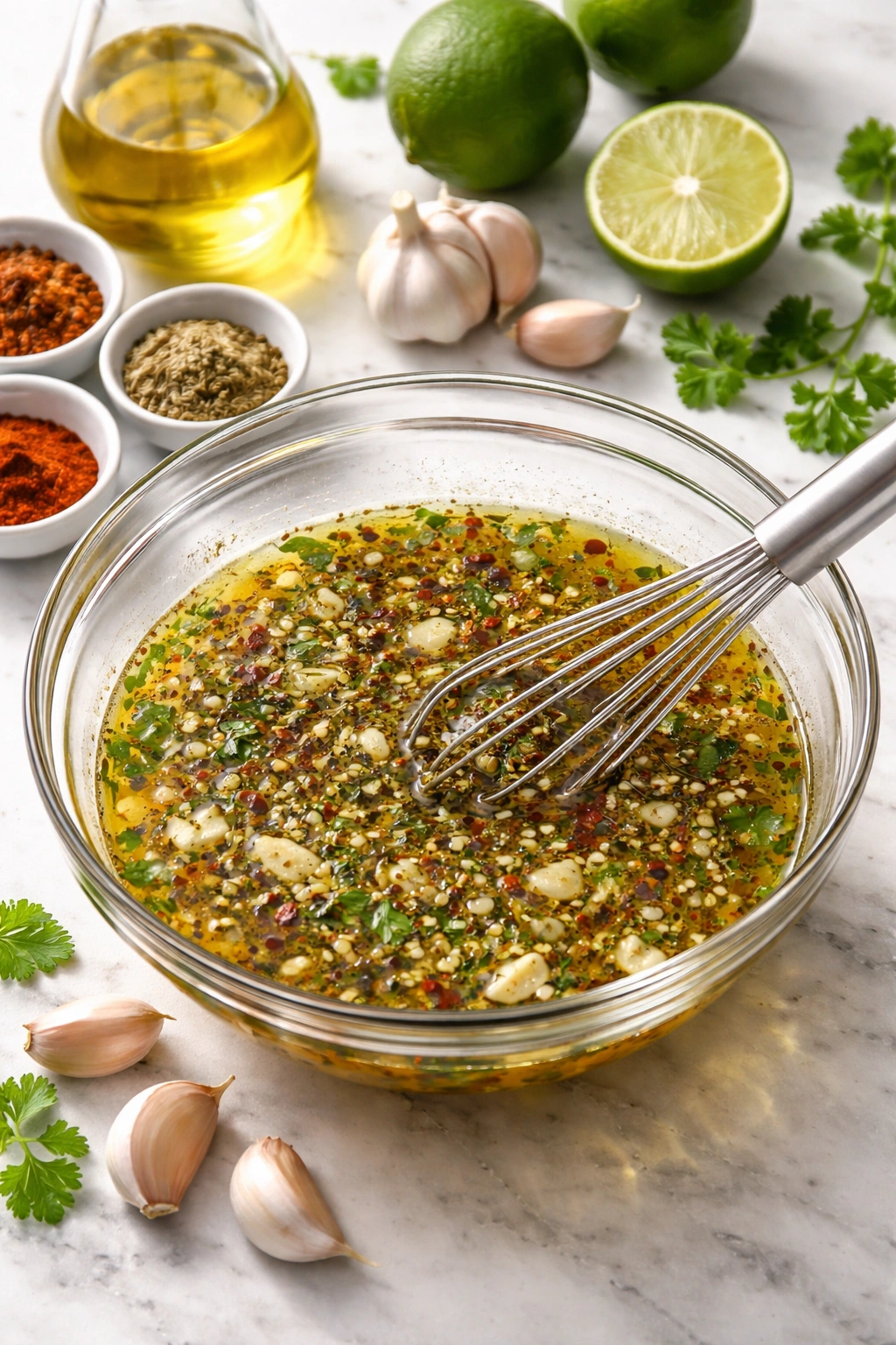 Bowl of citrus marinade with garlic and lime on bright kitchen counter