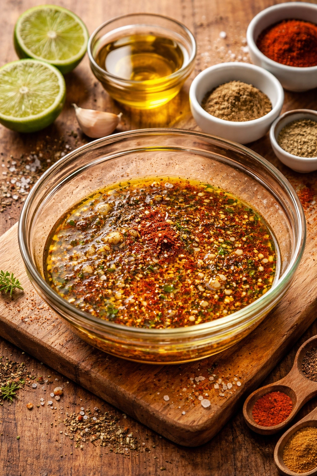 Bowl of citrusy marinade with oil and spices