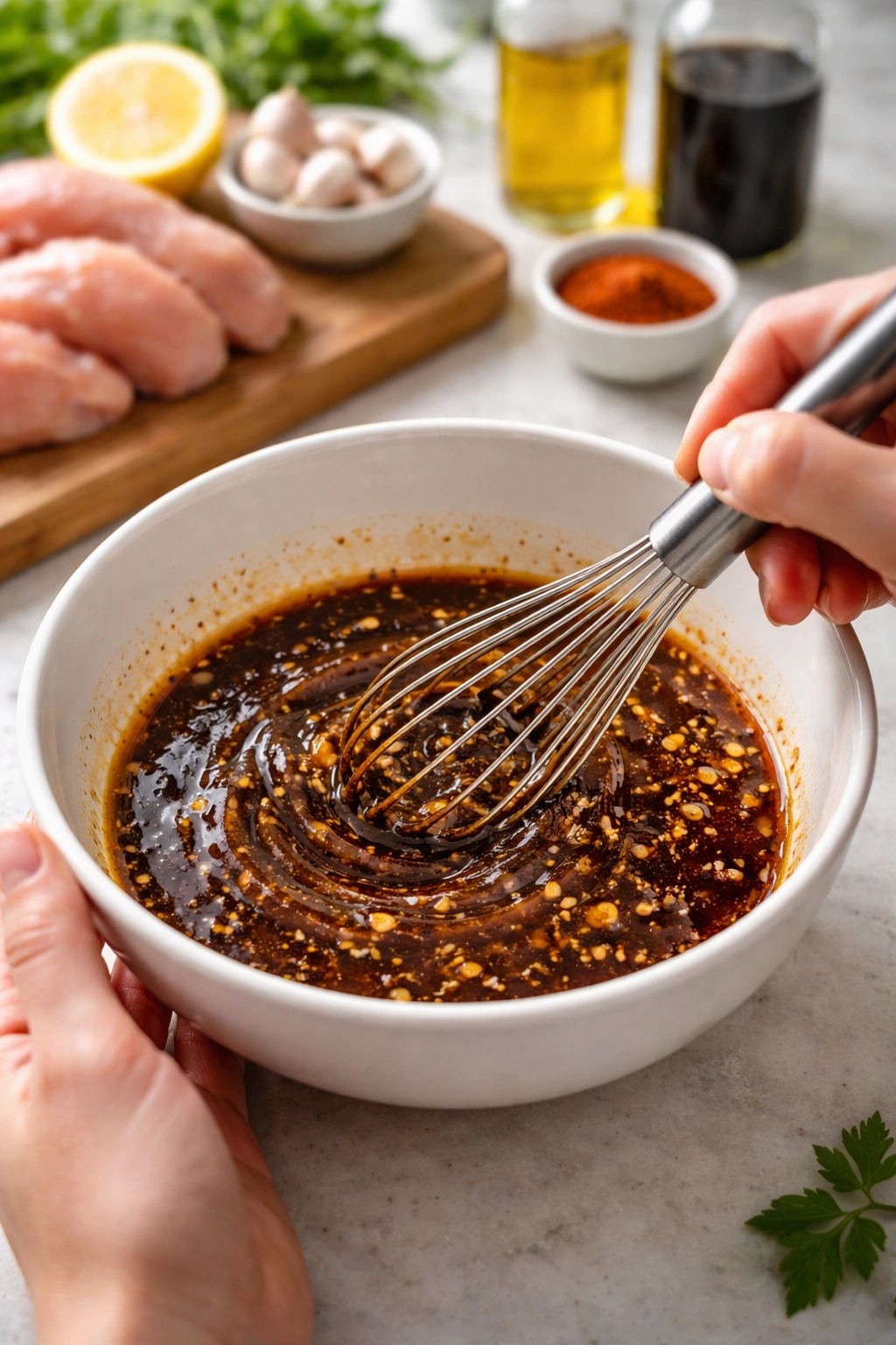 Whisk blending marinade in a bowl for freezing preparation