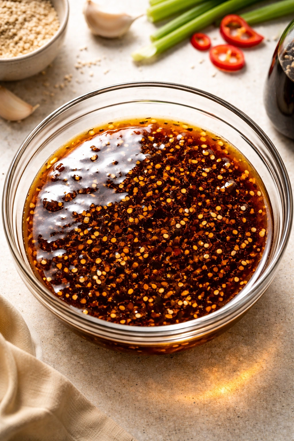 Bright bulgogi marinade in glass bowl with glossy sheen