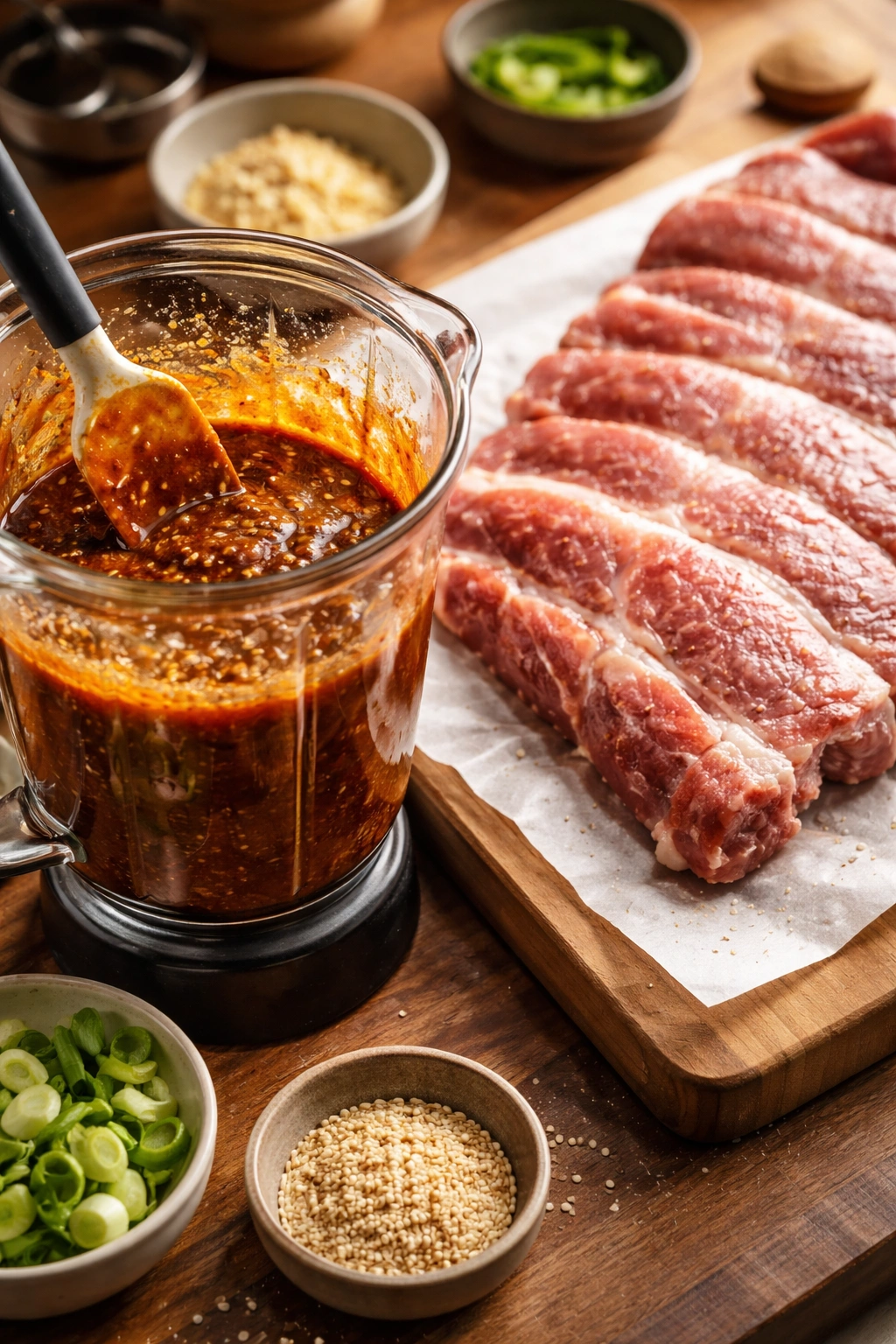 Smooth glossy marinade paste in blender with ribs prepared for marination in a warm kitchen