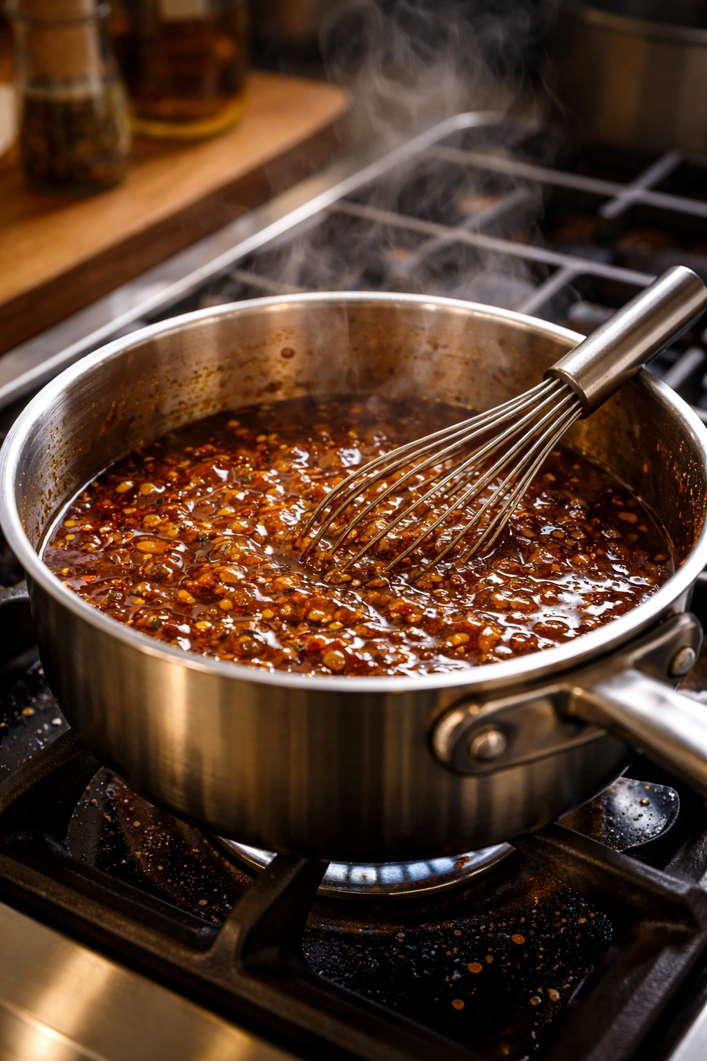Sauce boiling in a saucepan on a stove from leftover marinade