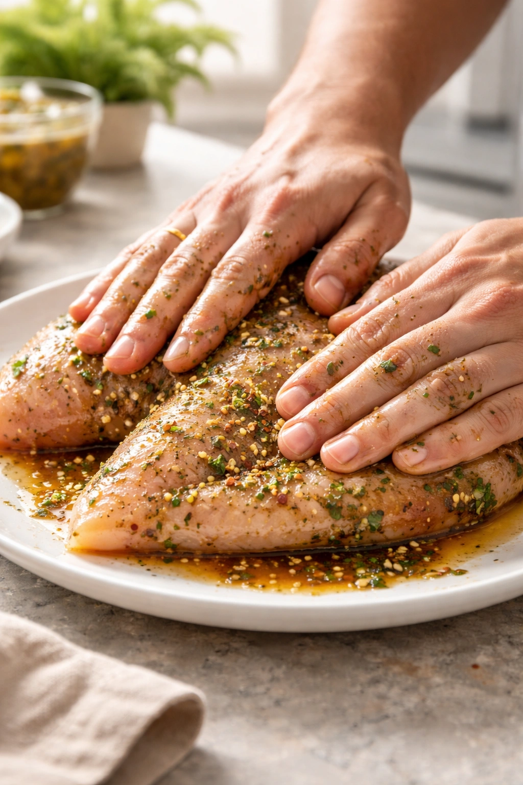 Hands massaging marinade into a dry chicken breast