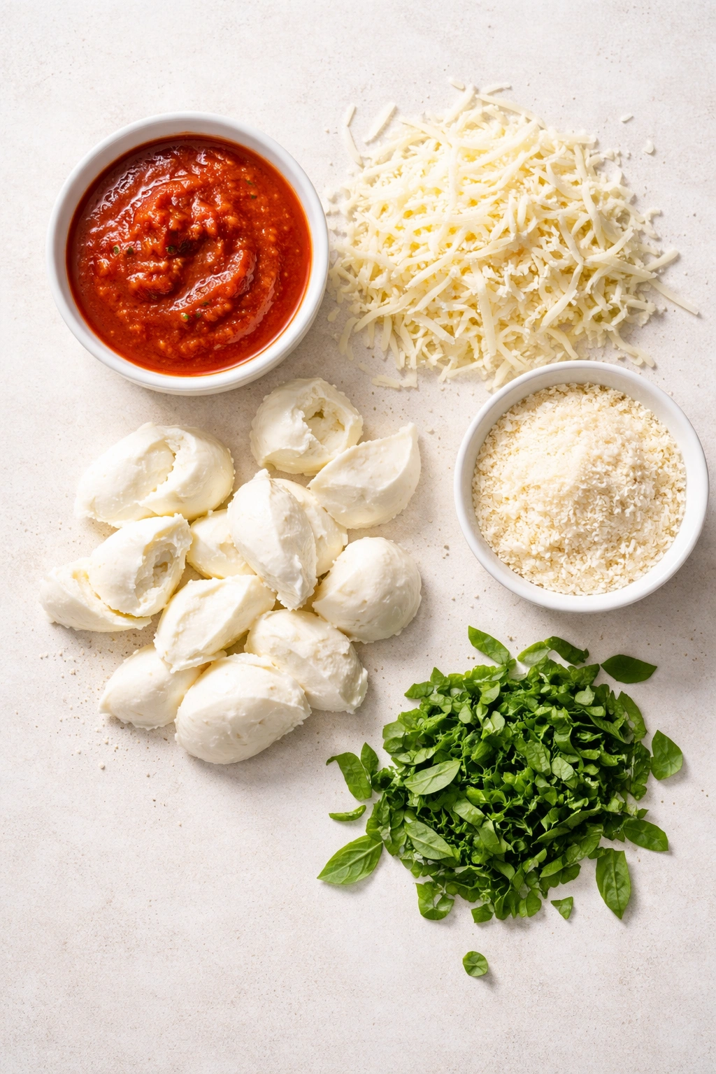 Flat lay of marinara sauce and cheese toppings arranged on a light surface