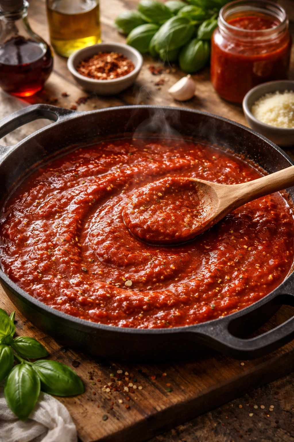 Glossy marinara sauce simmering in a rustic pan with steam