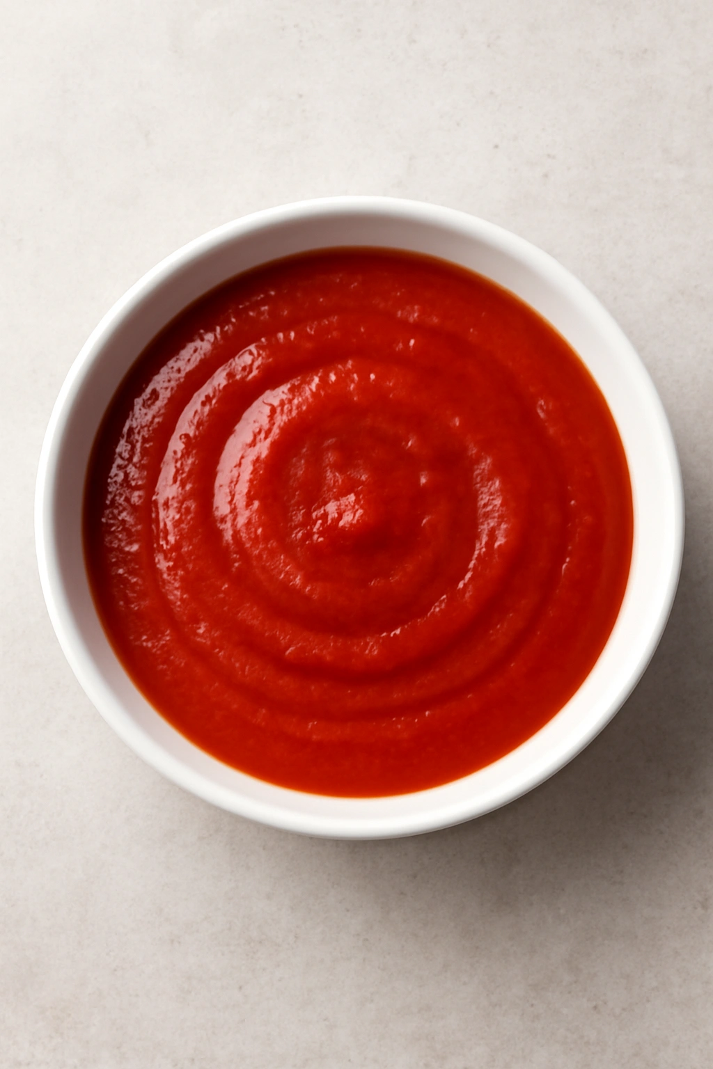 Smooth red marinara sauce in a white bowl