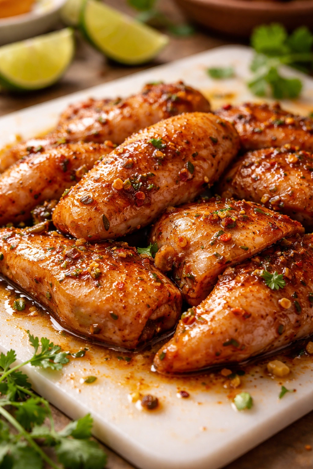 Marinated chicken with spice coating on a clean surface