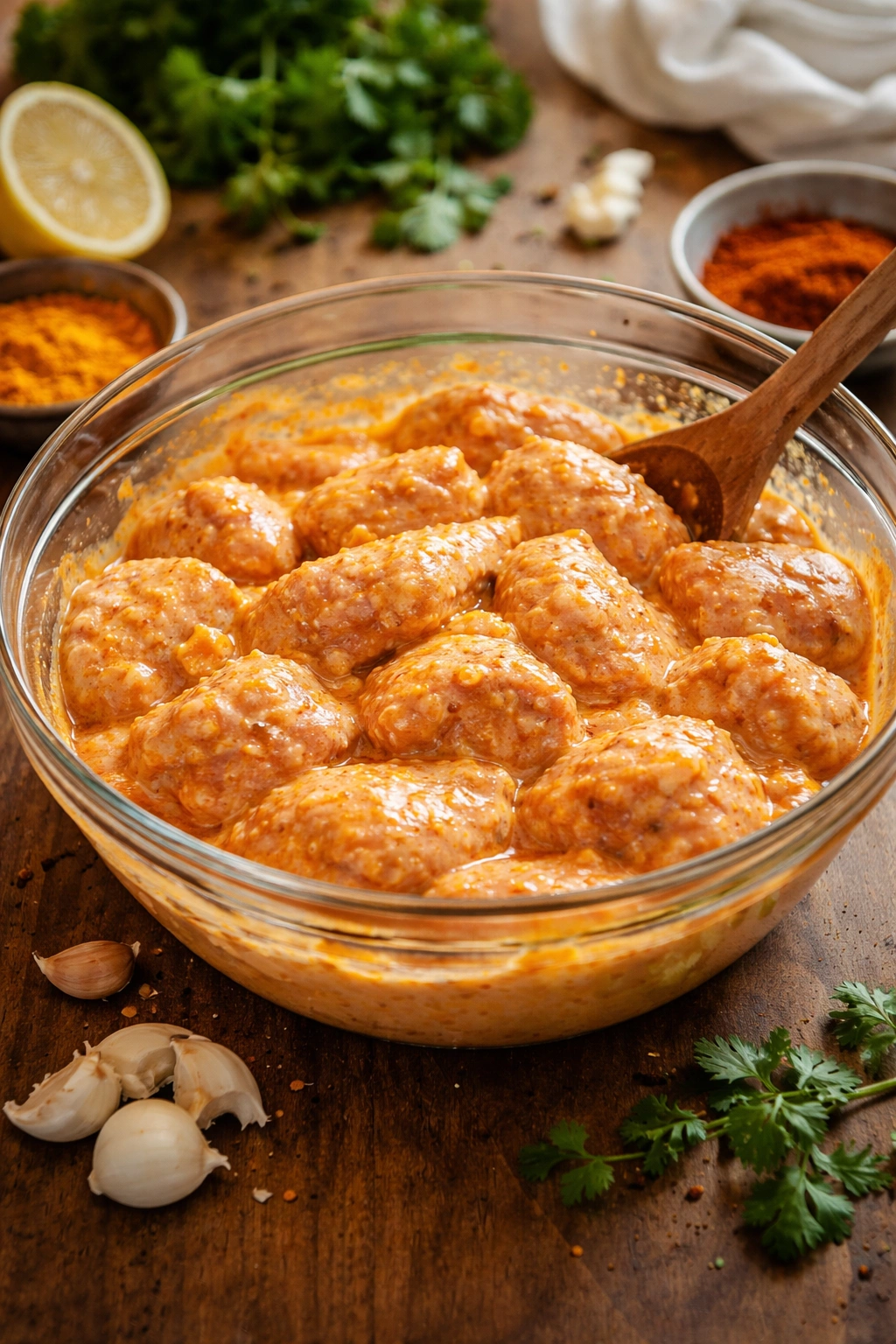 Chicken marinating in yogurt-turmeric sauce in a glass bowl