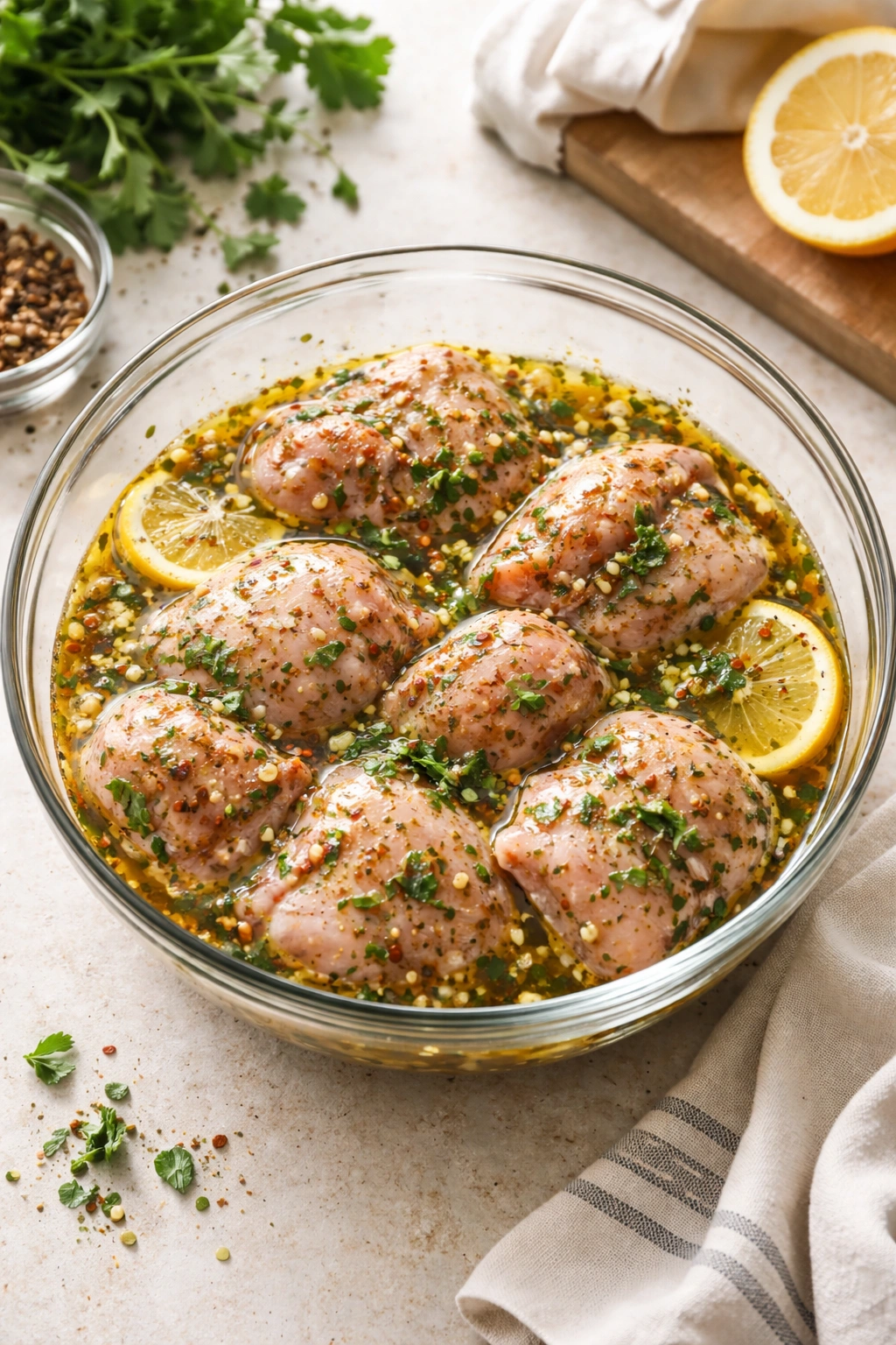 Chicken thighs marinating in glossy citrus oil marinade