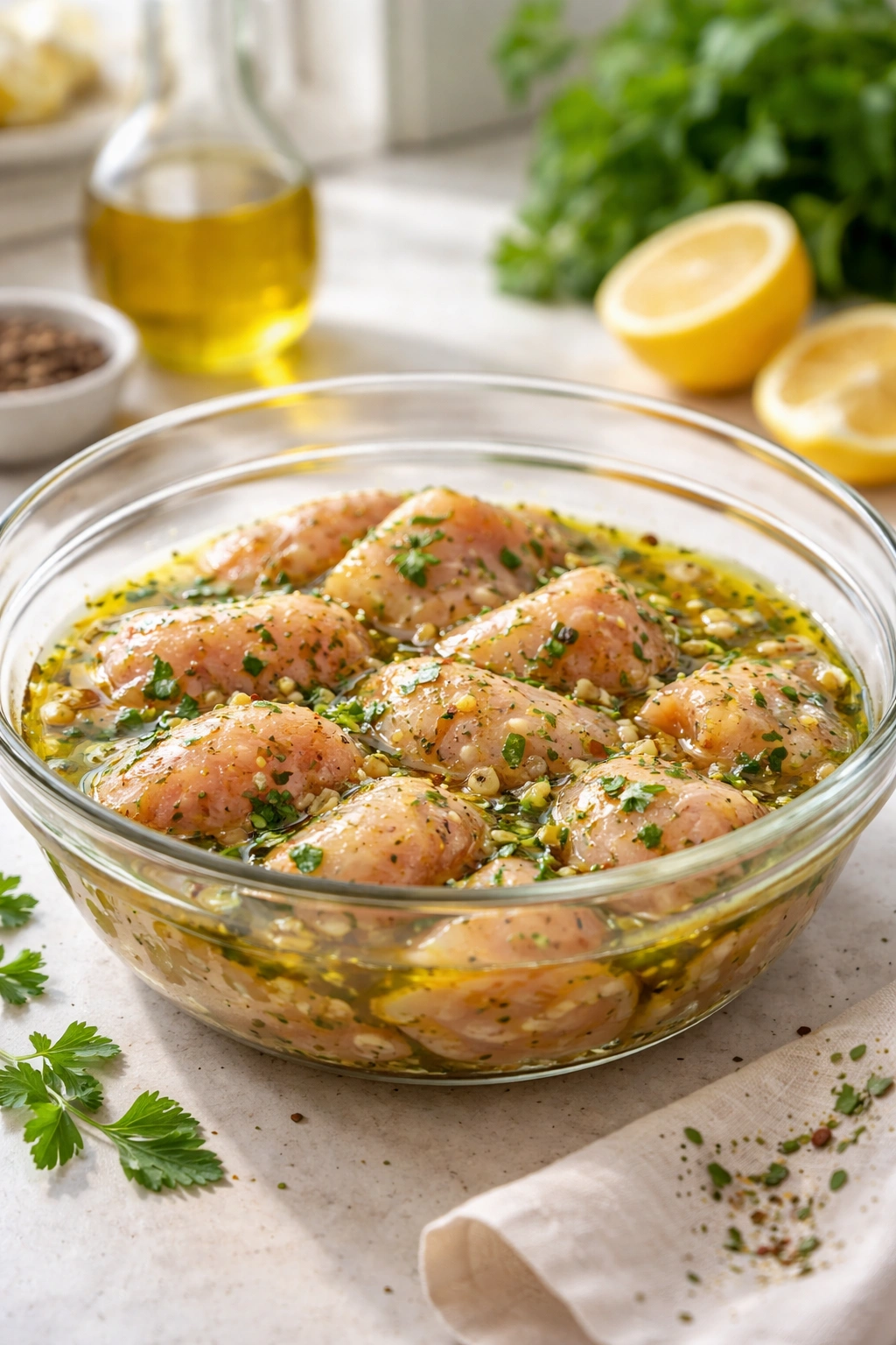 Marinating chicken in olive oil and lemon in a glass bowl