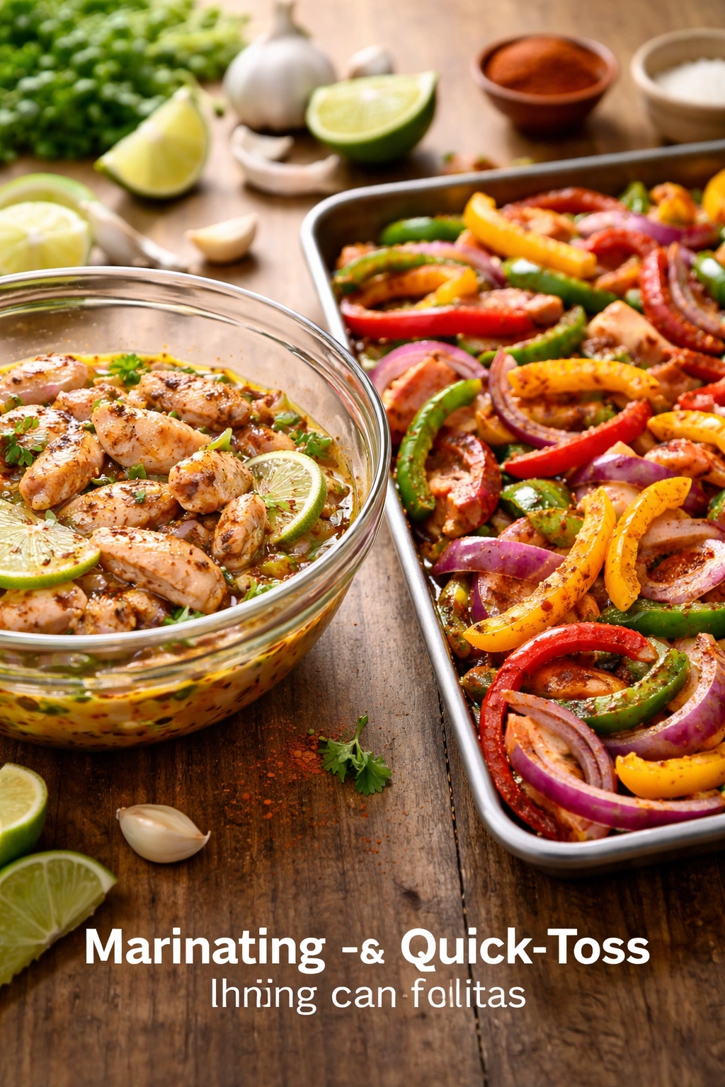 Marinating chicken in citrus marinade beside a pan of seasoned vegetables.