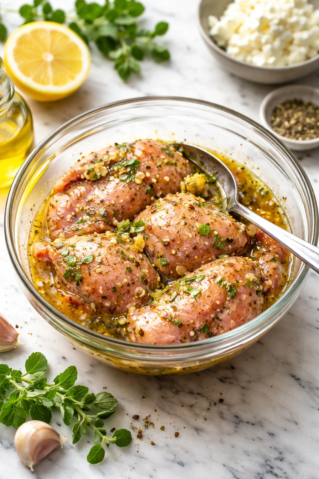 Glass bowl of marinade with a spoon on a bright counter