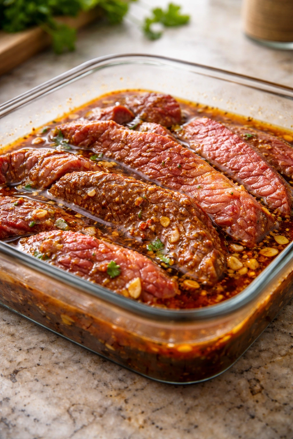 Beef in marinade showing color progression in a shallow dish